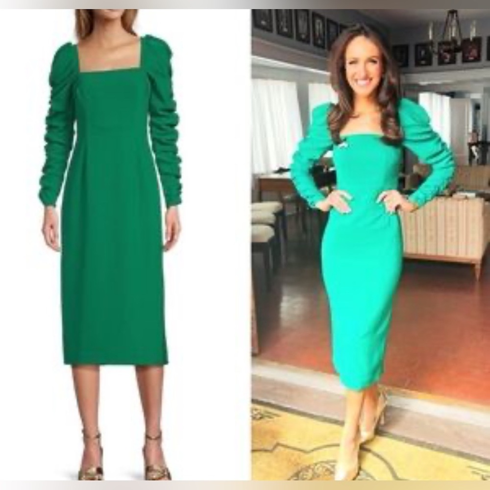 Antonio Melani
Elena Crepe Square Neck Long Ruched Sleeve Midi Dress- NWT